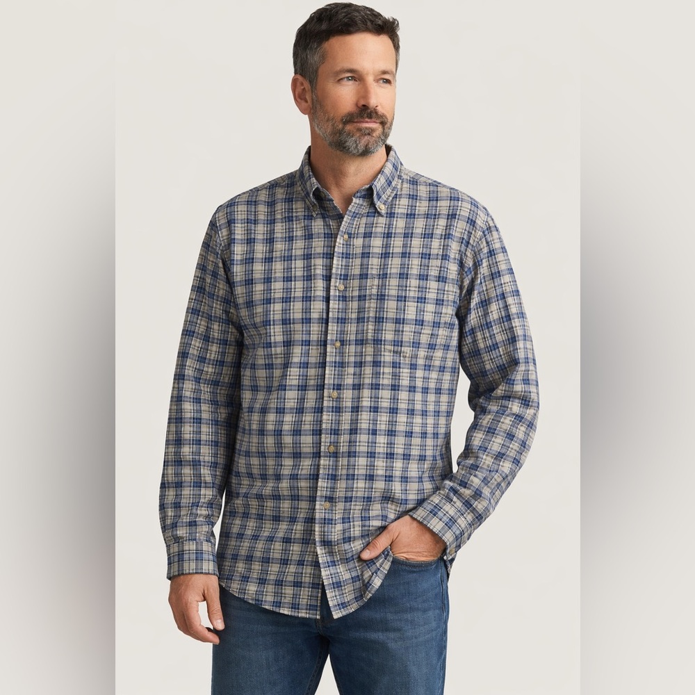 Eddie Bauer Plaid Button Down Shirt Mens L Blue Khaki Long Sleeve Casual Work